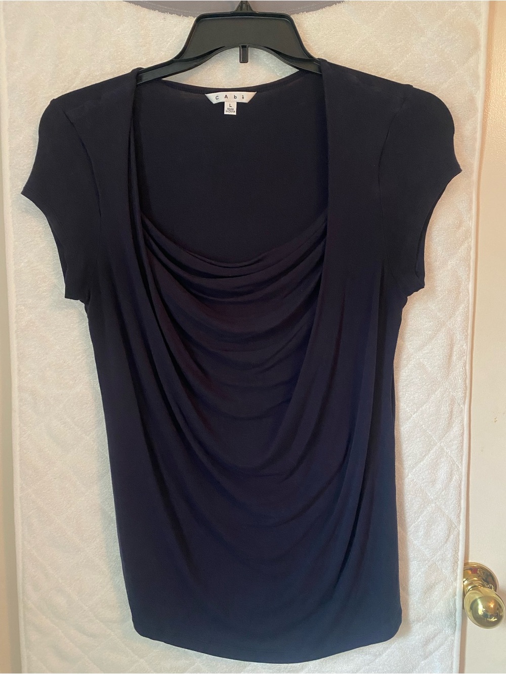 CAbi Navy Draped Front Short Sleeve Top